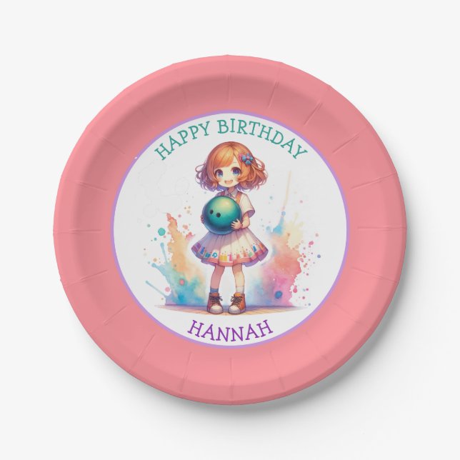 Bowling Party Girl's Anime Birthday Personalised  Paper Plate (Front)