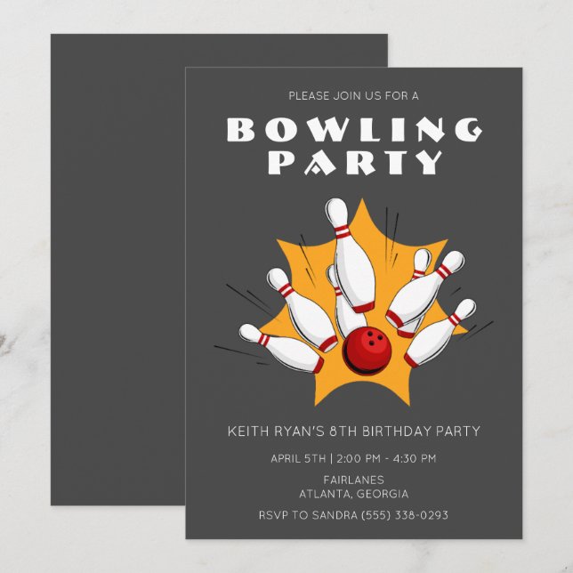 Bowling Party Grey Boys Birthday Party Invitation (Front/Back)