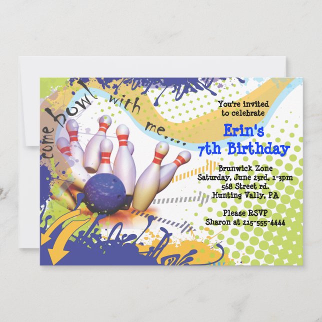 Bowling Party Invitation Happy Birthday Invite (Front)