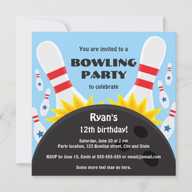 Bowling party invitation with bowling ball, blue (Front)