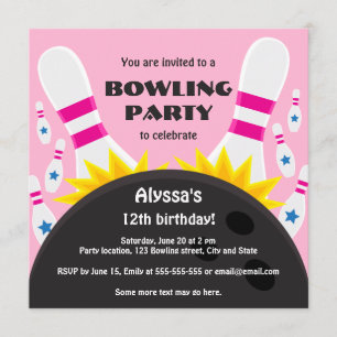 Bowling party invitation with bowling ball, pink