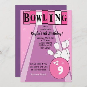Bowling Party Pink Girls Birthday Invitation
