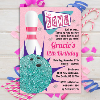 Bowling Party Retro Pink & Teal Tenpin Invitation