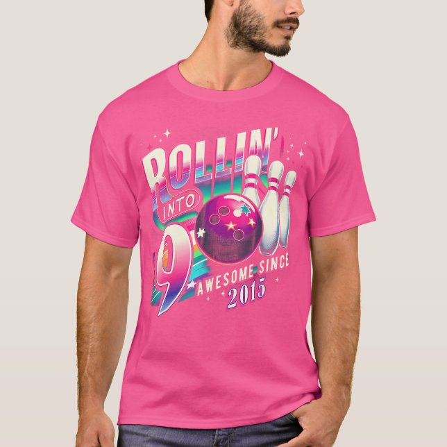 Bowling Party Rollin' 9 Awesome 2015 9Th Birthday  T-Shirt (Front)