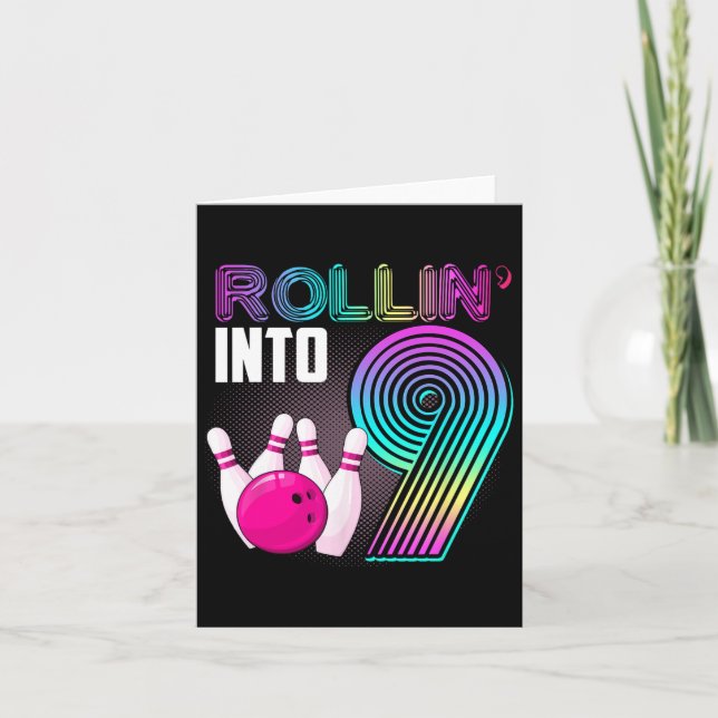 Bowling Party Rollin' Into 9 9th Birthday Girl Boy Card (Front)