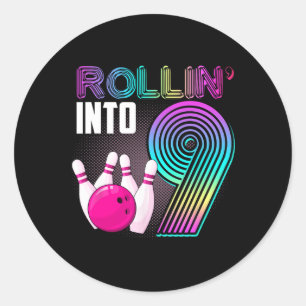 Bowling Party Rollin' Into 9 9th Birthday Girl Boy Classic Round Sticker
