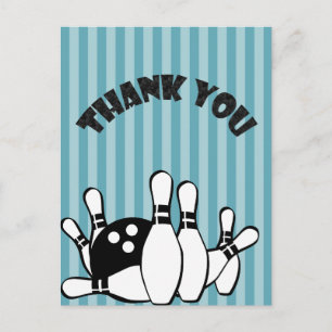 Bowling Party Thank You On Blue Stripes Postcard