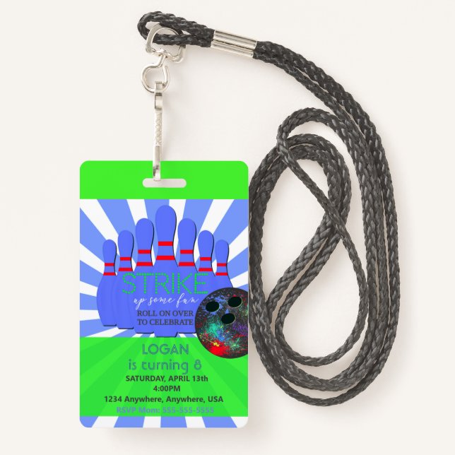 Bowling party, VIP Pass ,Invitation, boys Bowl, ID Badge (Back with Lanyard)