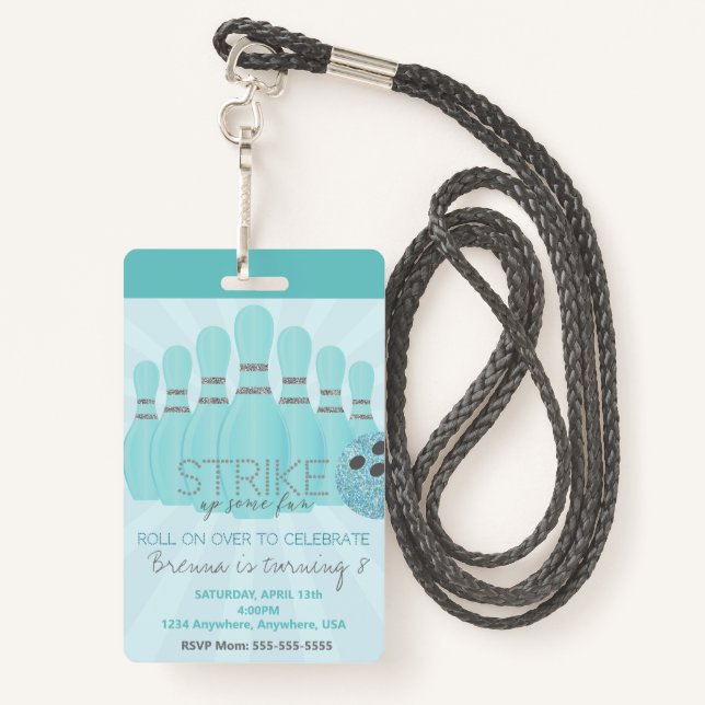 Bowling party, VIP Pass ,Invitation, girl Bowl, ID Badge (Back with Lanyard)