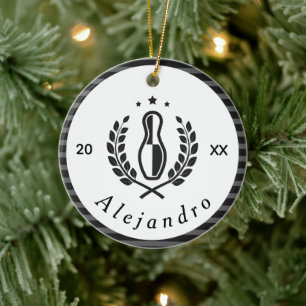 Bowling Pin Logo & Custom Name Year Sports Theme Ceramic Tree Decoration