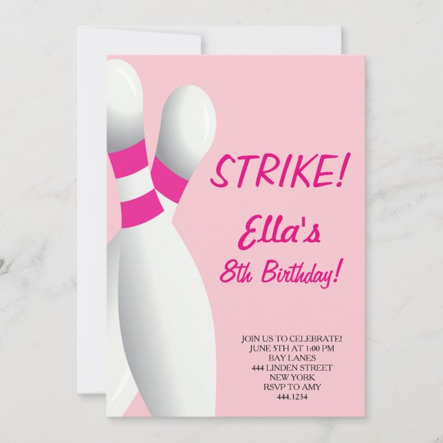 Bowling Pink Birthday Party Invitations (Front)