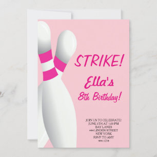 Bowling Pink Birthday Party Invitations