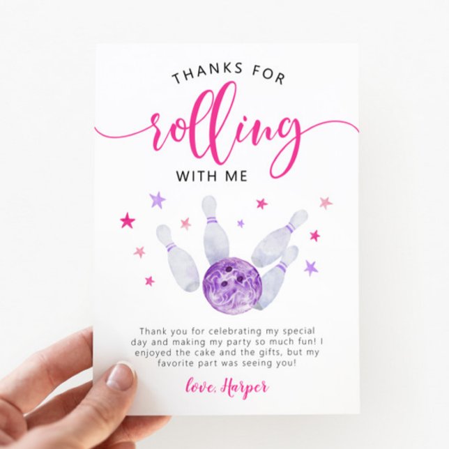 Bowling Pink Birthday Thanks For Rolling With Me Thank You Card (Creator Uploaded)
