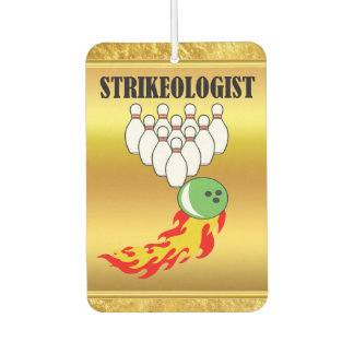 Bowling pins and ball with the word STRIKEOLOGIST Car Air Freshener