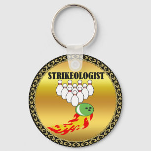 Bowling pins and ball with the word STRIKEOLOGIST Key Ring