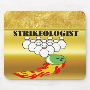 Bowling pins and ball with the word STRIKEOLOGIST Mouse Mat