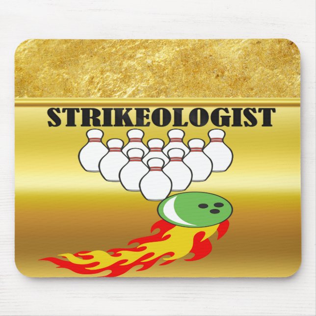Bowling pins and ball with the word STRIKEOLOGIST Mouse Mat (Front)