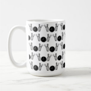 Bowling pins and balls black, white coffee mug