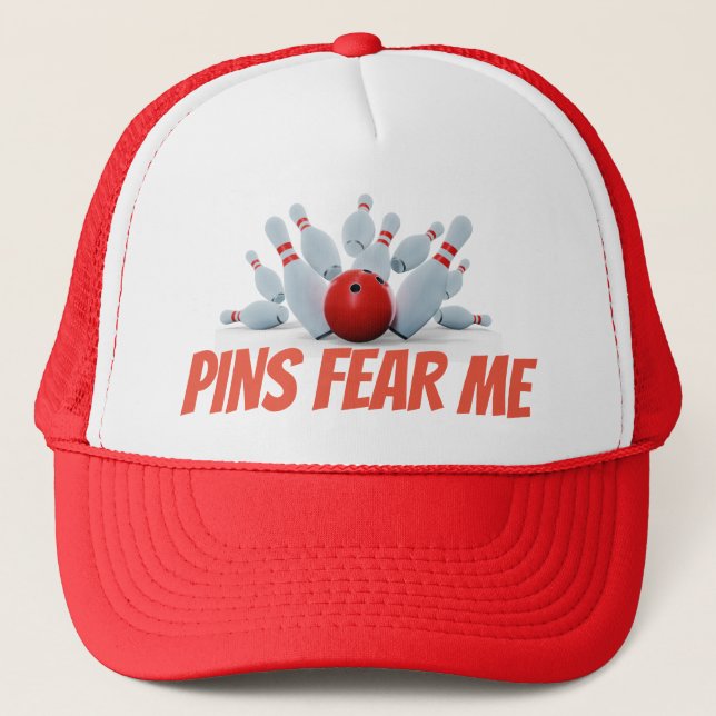 Bowling Pins Fear Me Fun Bowler Trucker Hat (Front)