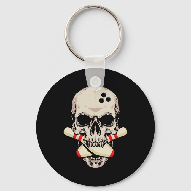 Bowling Pins Retro Skull Skeleton Head Bowling Bal Key Ring (Front)