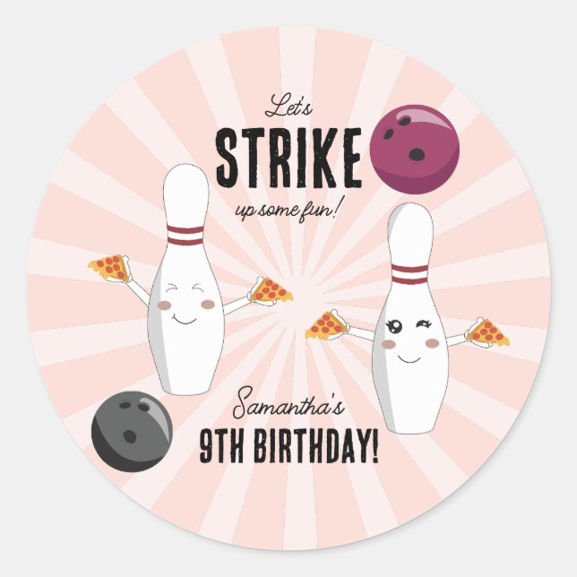 Bowling Pizza Strike Up Some Fun Kids Birthday  Classic Round Sticker (Front)