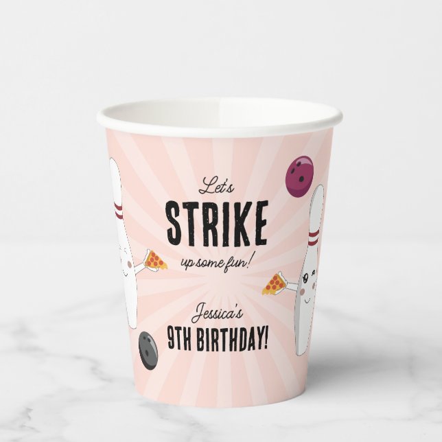 Bowling Pizza Strike Up Some Fun Kids Birthday  Paper Cups (Left)