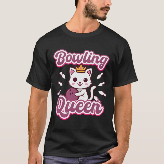 Bowling Queen' Cute Women's Girly Kawaii Anime Cat T-Shirt (Front)