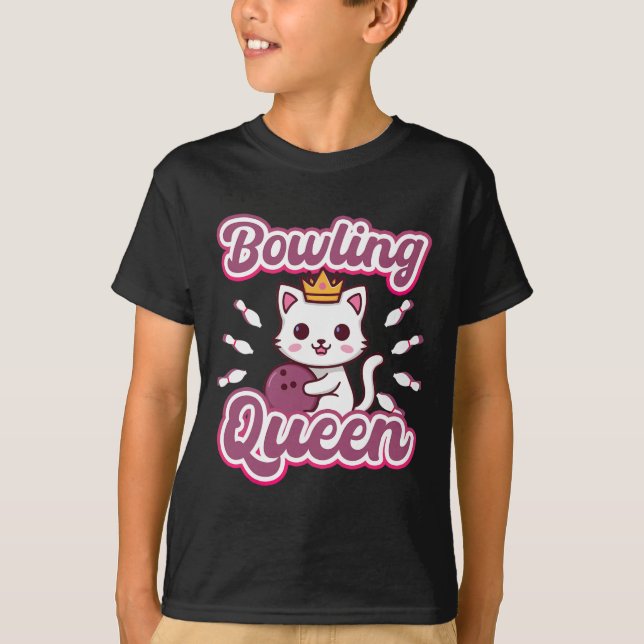 Bowling Queen' Cute Women's Girly Kawaii Anime Cat T-Shirt (Front)