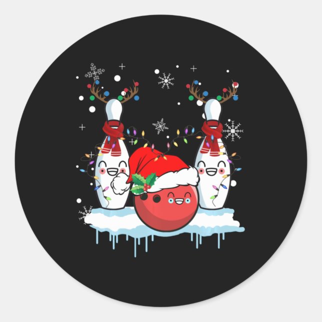 Bowling Reindeer Santa Hat Christmas Bowling Lover Classic Round Sticker (Front)