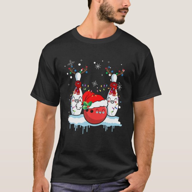 Bowling Reindeer Santa Hat Christmas Bowling Lover T-Shirt (Front)