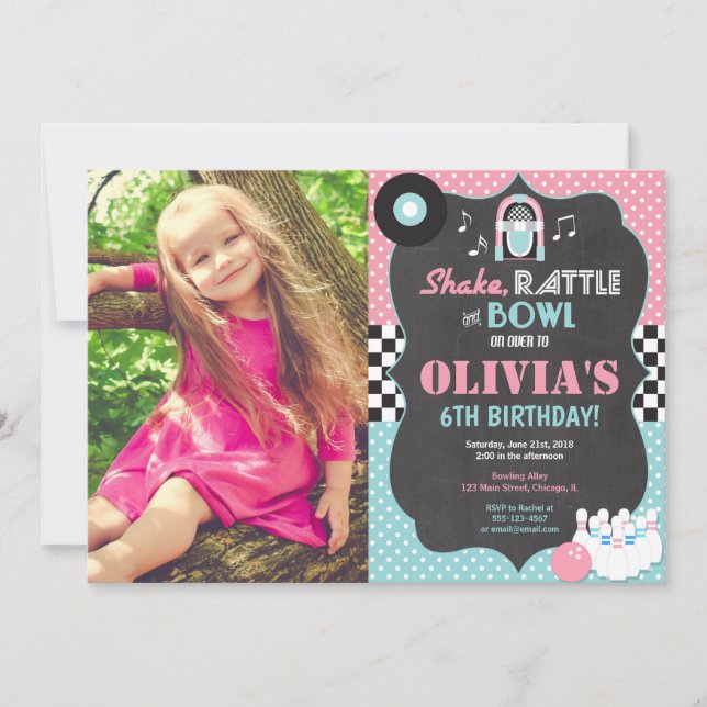 Bowling rock and roll girl birthday photo invitation (Front)
