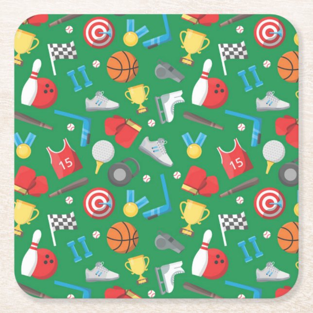 Bowling, Skating, Archery, Basketball, Boxing Fun Square Paper Coaster (Front)