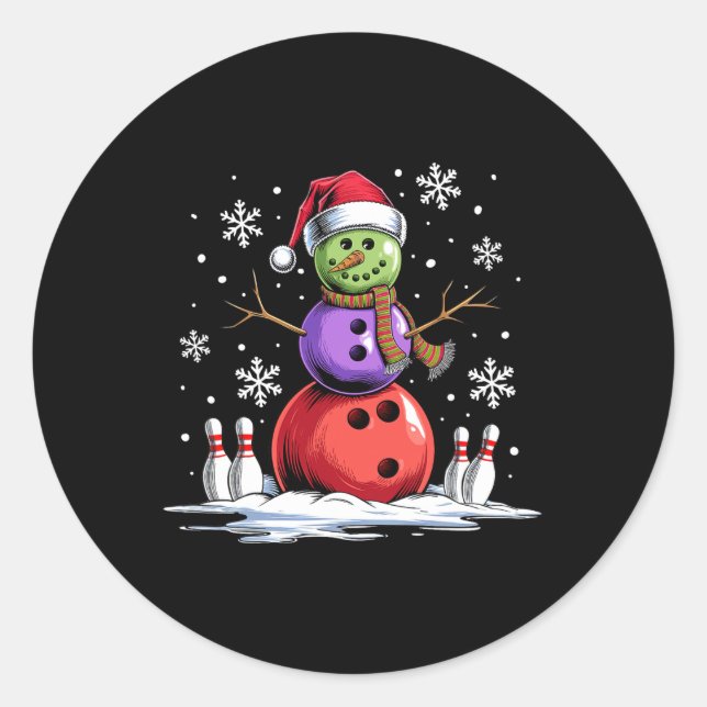 Bowling Snowman Bowling Player Santa Hat Christmas Classic Round Sticker (Front)