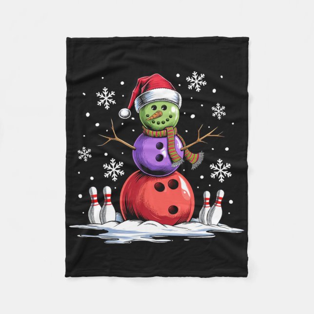 Bowling Snowman Bowling Player Santa Hat Christmas Fleece Blanket (Front)