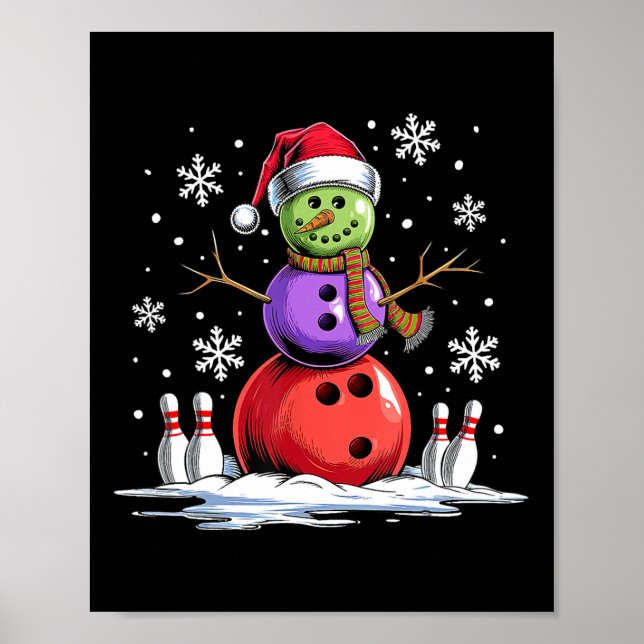 Bowling Snowman Bowling Player Santa Hat Christmas Poster (Front)