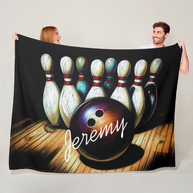 Bowling Strike Personalised Name Fun Fleece Blanket (In Situ)