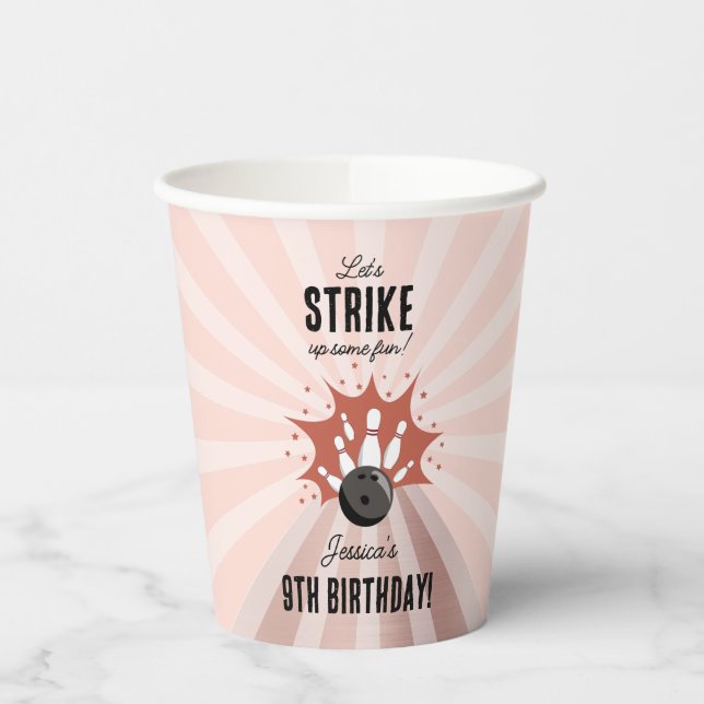 Bowling Strike Up Some Fun Birthday Rose Gold Girl Paper Cups (Left)
