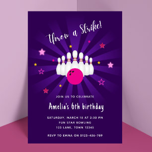 Bowling Themed Birthday Party Pink Purple Stars Invitation