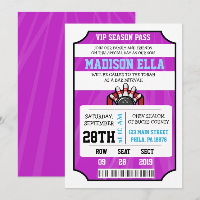 BOWLING TICKET Bar Bat Mitzvah Invitation (Front/Back)