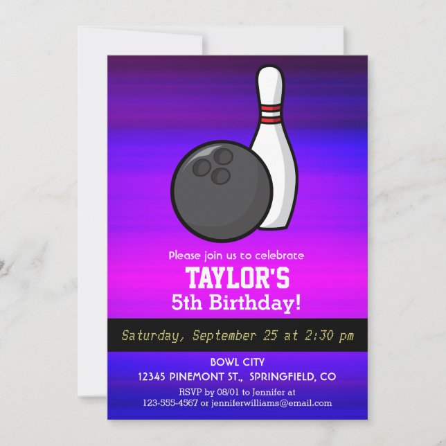Bowling; Vibrant Violet Blue and Magenta Invitation (Front)