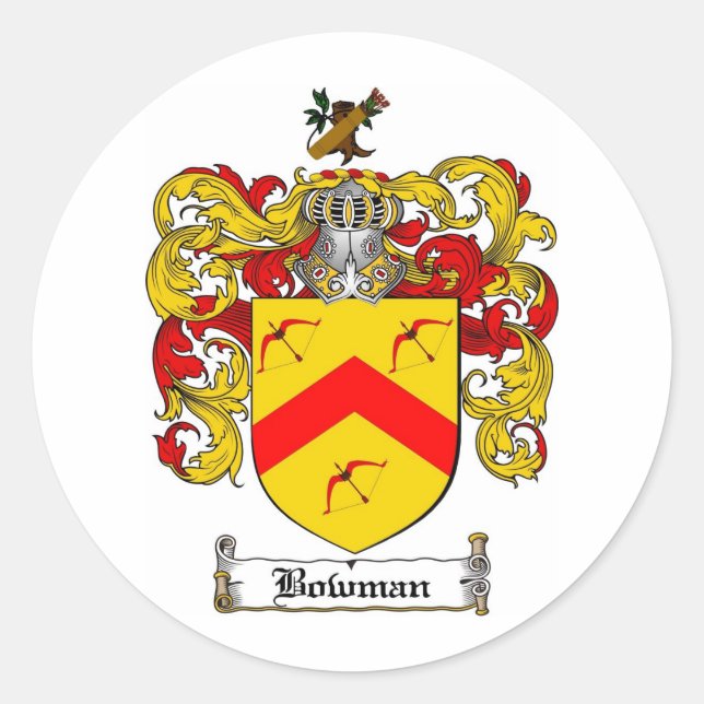 BOWMAN FAMILY CREST -  BOWMAN COAT OF ARMS CLASSIC ROUND STICKER (Front)