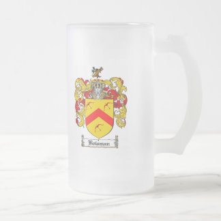 BOWMAN FAMILY CREST -  BOWMAN COAT OF ARMS FROSTED GLASS BEER MUG