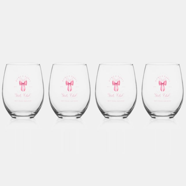  Bows and Babes Girls Club Bachelorette Stemless Wine Glass (Back)