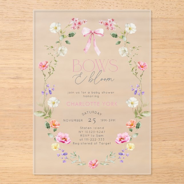 Bows and Bloom Wildflower pink Bow Baby Shower Acrylic Invitations (Front)