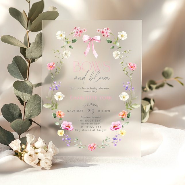 Bows and Bloom Wildflower pink Bow Baby Shower Acrylic Invitations (Creator Uploaded)