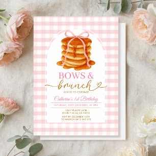 Bows and Brunch Pancake Pink 1st Birthday Gingham Invitation