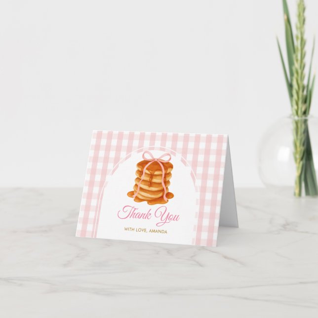 Bows and Brunch Pancake Pink 1st Birthday Gingham Thank You Card (Front)
