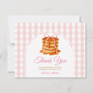 Bows and Brunch Pancake Pink 1st Birthday Gingham Thank You Card