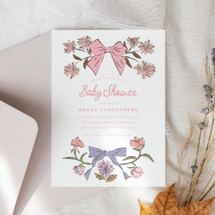 Bows and Flowers Girl Baby Shower Invitation