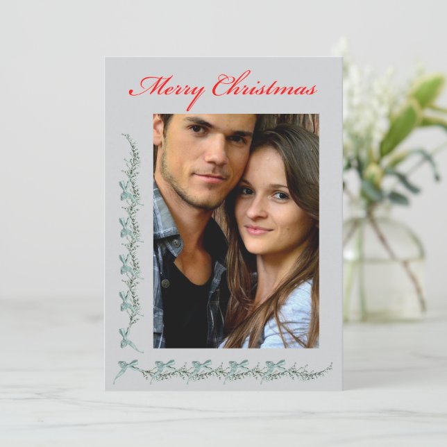 Bows and Sprigs - Photo & Christmas message Holiday Card (Standing Front)